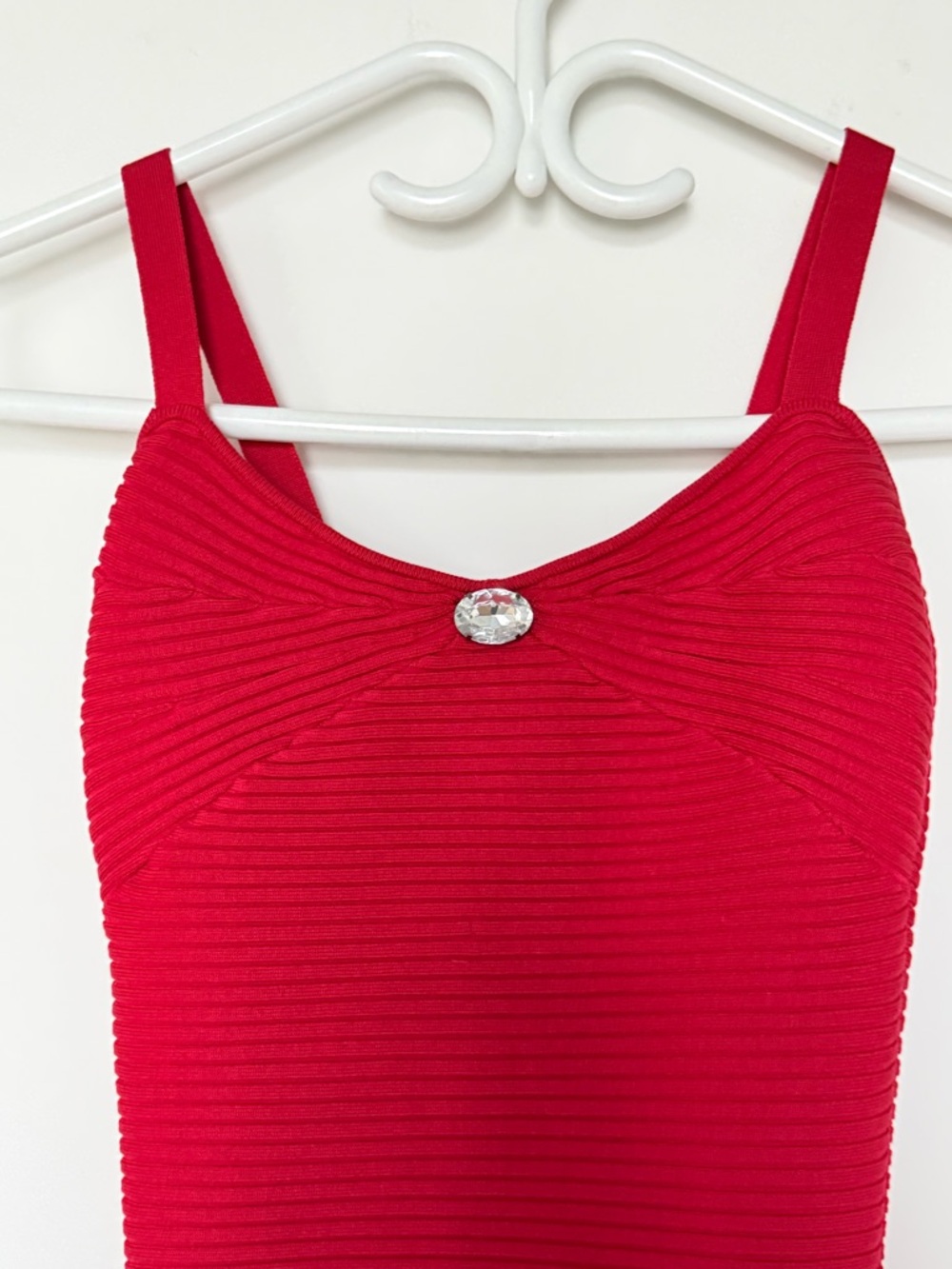 Red Ribbed Knit Bodycon Dress - Picture 2 of 4